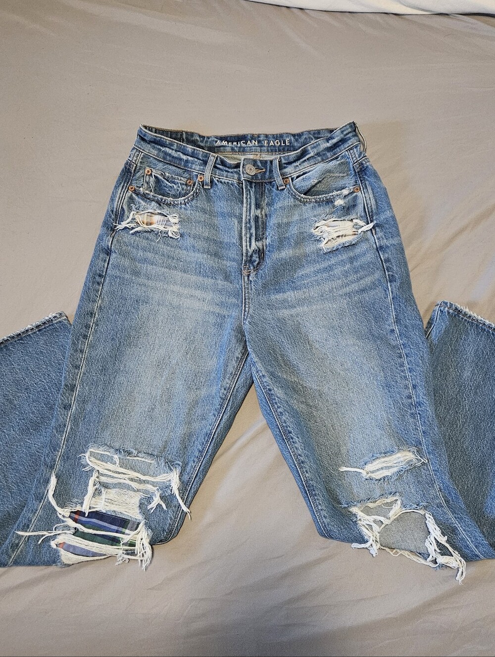 American Eagle Distressed Plaid Patchwork Jeans - Size 8